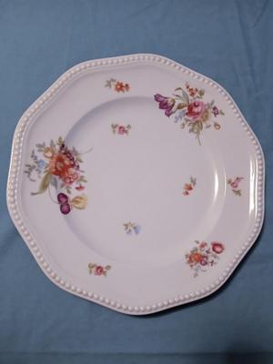 Sale Photo Thumbnail #73: White, Beaded Edge, Multicolor Flowers. Pattern Code: R R202.
Plate: Overall width 14 1/4", 1 1/2" high. Bowl: Overall width 14 1/4", 2 1/2" high.
