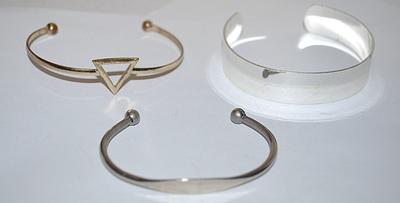 Collection of 3 CUFF BRACELETS (-2½"+ Opening) in Silver Tone and 1 with Triangle Gold Tone