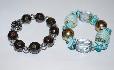 Collection of 2 Elastic "CHUNKY-STYLE BEADS BRACELETS (-2½"+ Opening) with Blue, Gray & Silver Colored Beads