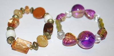 Collection of 2 Elastic BRACELETS (-2½"+ Opening) with Assorted Purples, Ambers, Greens and Taupe Chunky Beads