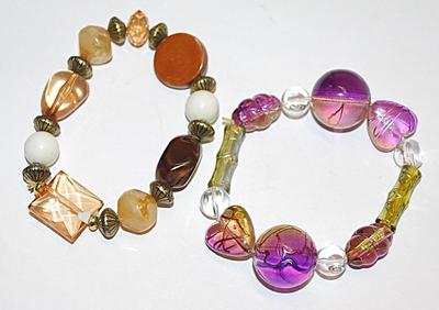 Collection of 2 Elastic BRACELETS (-2½"+ Opening) with Assorted Purples, Ambers, Greens and Taupe Chunky Beads