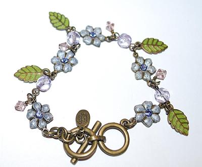 Beautiful Marked "Cookie Lee ©" BRACELET (-2½"+ Opening) with Blue/Green Enamel Flowers, Leaves & Purple Beads and...