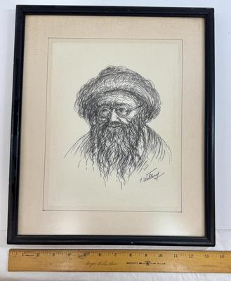 Sale Photo Thumbnail #94: By T. Willing. The image is a framed etching or lithograph portrait of an aged Hasidic man.
