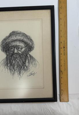 Sale Photo Thumbnail #92: By T. Willing. The image is a framed etching or lithograph portrait of an aged Hasidic man.