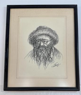 Sale Photo Thumbnail #93: By T. Willing. The image is a framed etching or lithograph portrait of an aged Hasidic man.