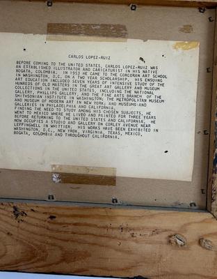 Sale Photo Thumbnail #85: This is an original oil painting on board by Carlos Lopez Ruiz (1912-1972). The painting, sometimes titled Poker Game or Chess Players, depicts two men engrossed in a board game. Ruiz lived in Whittier near the end of his life, originally from Columbia.