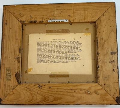 Sale Photo Thumbnail #87: This is an original oil painting on board by Carlos Lopez Ruiz (1912-1972). The painting, sometimes titled Poker Game or Chess Players, depicts two men engrossed in a board game. Ruiz lived in Whittier near the end of his life, originally from Columbia.