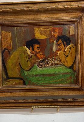 Sale Photo Thumbnail #90: This is an original oil painting on board by Carlos Lopez Ruiz (1912-1972). The painting, sometimes titled Poker Game or Chess Players, depicts two men engrossed in a board game. Ruiz lived in Whittier near the end of his life, originally from Columbia.