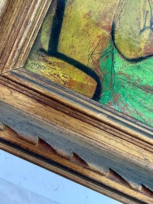 Sale Photo Thumbnail #84: This is an original oil painting on board by Carlos Lopez Ruiz (1912-1972). The painting, sometimes titled Poker Game or Chess Players, depicts two men engrossed in a board game. Ruiz lived in Whittier near the end of his life, originally from Columbia.