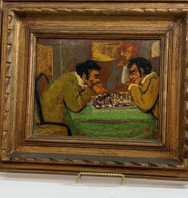 Sale Photo Thumbnail #89: This is an original oil painting on board by Carlos Lopez Ruiz (1912-1972). The painting, sometimes titled Poker Game or Chess Players, depicts two men engrossed in a board game. Ruiz lived in Whittier near the end of his life, originally from Columbia.