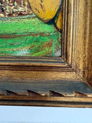 Sale Photo Thumbnail #86: This is an original oil painting on board by Carlos Lopez Ruiz (1912-1972). The painting, sometimes titled Poker Game or Chess Players, depicts two men engrossed in a board game. Ruiz lived in Whittier near the end of his life, originally from Columbia.