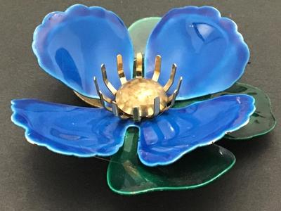 1970 Sarah Coventry Tahitian Flower Brooch Blue Enamel