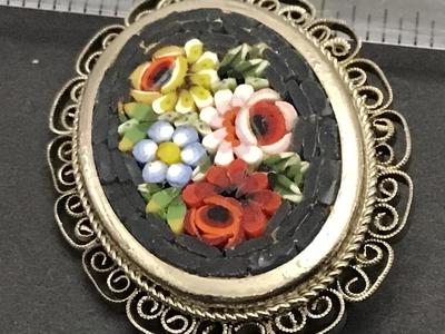 Vintage Spanish Silver Tone Micro Mosaic Brooch