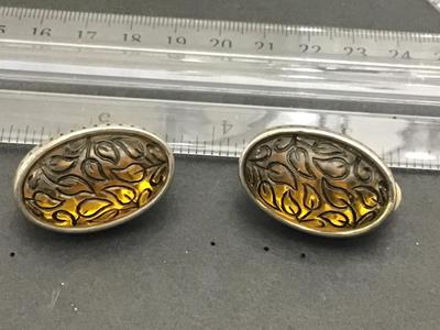 Beautiful Chunky Clip on Earrings Yellow Amber Tone Black Leaf Nice