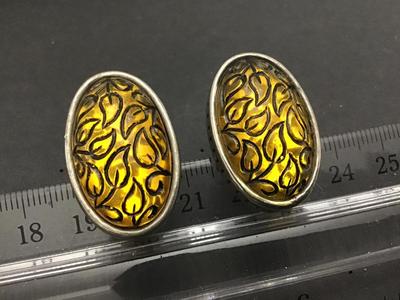 Beautiful Chunky Clip on Earrings Yellow Amber Tone Black Leaf Nice