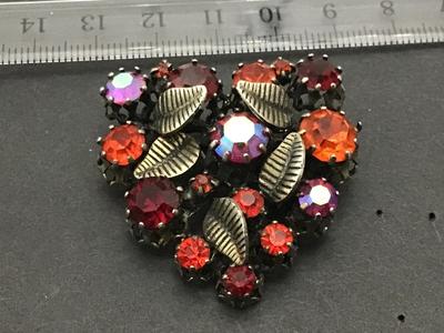 Austria Signed Red Orange Crystal Brooch with Aurora Borealis Rhinestone