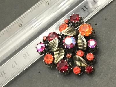 Austria Signed Red Orange Crystal Brooch with Aurora Borealis Rhinestone