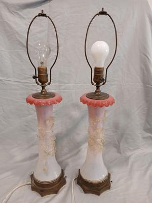 Sale Photo Thumbnail #117: Body of Pink & white opalescent striated ombre effect w/clear pale chartreuse floral vine applied. Bronze metal mounts. Base 6", 13 3/4" high, 27" high incl. shades. One in great condition, the other with crack at base, needing better repair. Shades inclu