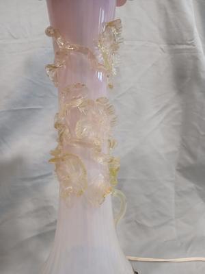 Sale Photo Thumbnail #125: Body of Pink & white opalescent striated ombre effect w/clear pale chartreuse floral vine applied. Bronze metal mounts. Base 6", 13 3/4" high, 27" high incl. shades. One in great condition, the other with crack at base, needing better repair. Shades inclu