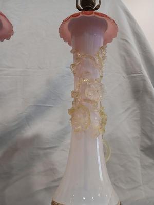 Sale Photo Thumbnail #126: Body of Pink & white opalescent striated ombre effect w/clear pale chartreuse floral vine applied. Bronze metal mounts. Base 6", 13 3/4" high, 27" high incl. shades. One in great condition, the other with crack at base, needing better repair. Shades inclu