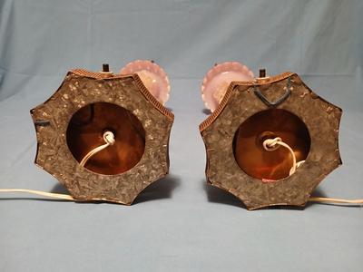 Sale Photo Thumbnail #111: Body of Pink & white opalescent striated ombre effect w/clear pale chartreuse floral vine applied. Bronze metal mounts. Base 6", 13 3/4" high, 27" high incl. shades. One in great condition, the other with crack at base, needing better repair. Shades inclu