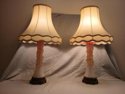 Sale Photo Thumbnail #134: Body of Pink & white opalescent striated ombre effect w/clear pale chartreuse floral vine applied. Bronze metal mounts. Base 6", 13 3/4" high, 27" high incl. shades. One in great condition, the other with crack at base, needing better repair. Shades inclu