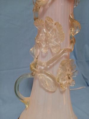 Sale Photo Thumbnail #110: Body of Pink & white opalescent striated ombre effect w/clear pale chartreuse floral vine applied. Bronze metal mounts. Base 6", 13 3/4" high, 27" high incl. shades. One in great condition, the other with crack at base, needing better repair. Shades inclu