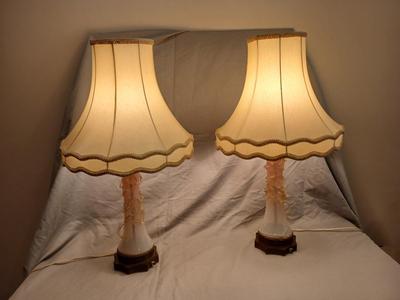 Sale Photo Thumbnail #133: Body of Pink & white opalescent striated ombre effect w/clear pale chartreuse floral vine applied. Bronze metal mounts. Base 6", 13 3/4" high, 27" high incl. shades. One in great condition, the other with crack at base, needing better repair. Shades inclu
