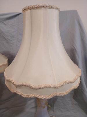 Sale Photo Thumbnail #131: Body of Pink & white opalescent striated ombre effect w/clear pale chartreuse floral vine applied. Bronze metal mounts. Base 6", 13 3/4" high, 27" high incl. shades. One in great condition, the other with crack at base, needing better repair. Shades inclu