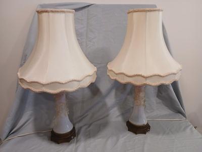 Sale Photo Thumbnail #129: Body of Pink & white opalescent striated ombre effect w/clear pale chartreuse floral vine applied. Bronze metal mounts. Base 6", 13 3/4" high, 27" high incl. shades. One in great condition, the other with crack at base, needing better repair. Shades inclu