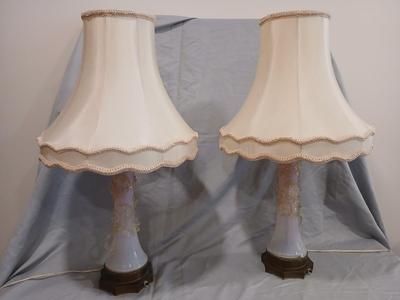 Sale Photo Thumbnail #130: Body of Pink & white opalescent striated ombre effect w/clear pale chartreuse floral vine applied. Bronze metal mounts. Base 6", 13 3/4" high, 27" high incl. shades. One in great condition, the other with crack at base, needing better repair. Shades inclu