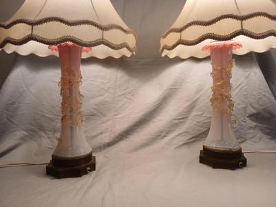 Sale Photo Thumbnail #137: Body of Pink & white opalescent striated ombre effect w/clear pale chartreuse floral vine applied. Bronze metal mounts. Base 6", 13 3/4" high, 27" high incl. shades. One in great condition, the other with crack at base, needing better repair. Shades inclu