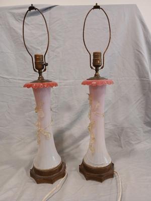 Sale Photo Thumbnail #120: Body of Pink & white opalescent striated ombre effect w/clear pale chartreuse floral vine applied. Bronze metal mounts. Base 6", 13 3/4" high, 27" high incl. shades. One in great condition, the other with crack at base, needing better repair. Shades inclu