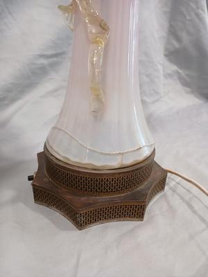 Sale Photo Thumbnail #119: Body of Pink & white opalescent striated ombre effect w/clear pale chartreuse floral vine applied. Bronze metal mounts. Base 6", 13 3/4" high, 27" high incl. shades. One in great condition, the other with crack at base, needing better repair. Shades inclu