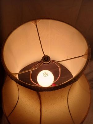 Sale Photo Thumbnail #139: Body of Pink & white opalescent striated ombre effect w/clear pale chartreuse floral vine applied. Bronze metal mounts. Base 6", 13 3/4" high, 27" high incl. shades. One in great condition, the other with crack at base, needing better repair. Shades inclu