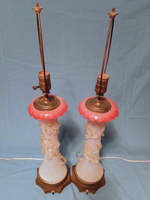 Sale Photo Thumbnail #101: Body of Pink & white opalescent striated ombre effect w/clear pale chartreuse floral vine applied. Bronze metal mounts. Base 6", 13 3/4" high, 27" high incl. shades. One in great condition, the other with crack at base, needing better repair. Shades inclu