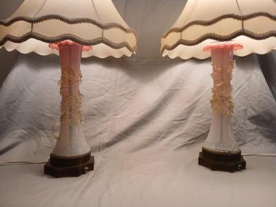Sale Photo Thumbnail #138: Body of Pink & white opalescent striated ombre effect w/clear pale chartreuse floral vine applied. Bronze metal mounts. Base 6", 13 3/4" high, 27" high incl. shades. One in great condition, the other with crack at base, needing better repair. Shades inclu