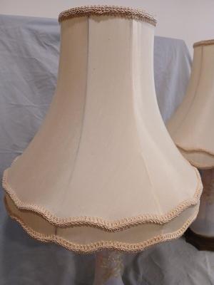 Sale Photo Thumbnail #132: Body of Pink & white opalescent striated ombre effect w/clear pale chartreuse floral vine applied. Bronze metal mounts. Base 6", 13 3/4" high, 27" high incl. shades. One in great condition, the other with crack at base, needing better repair. Shades inclu