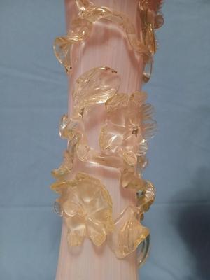 Sale Photo Thumbnail #109: Body of Pink & white opalescent striated ombre effect w/clear pale chartreuse floral vine applied. Bronze metal mounts. Base 6", 13 3/4" high, 27" high incl. shades. One in great condition, the other with crack at base, needing better repair. Shades inclu