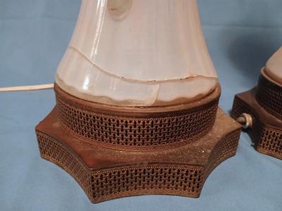 Sale Photo Thumbnail #104: Body of Pink & white opalescent striated ombre effect w/clear pale chartreuse floral vine applied. Bronze metal mounts. Base 6", 13 3/4" high, 27" high incl. shades. One in great condition, the other with crack at base, needing better repair. Shades inclu