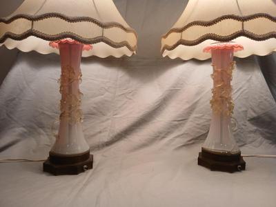 Sale Photo Thumbnail #136: Body of Pink & white opalescent striated ombre effect w/clear pale chartreuse floral vine applied. Bronze metal mounts. Base 6", 13 3/4" high, 27" high incl. shades. One in great condition, the other with crack at base, needing better repair. Shades inclu
