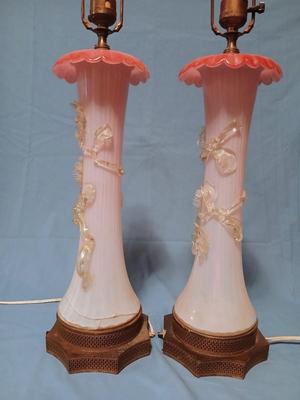 Sale Photo Thumbnail #103: Body of Pink & white opalescent striated ombre effect w/clear pale chartreuse floral vine applied. Bronze metal mounts. Base 6", 13 3/4" high, 27" high incl. shades. One in great condition, the other with crack at base, needing better repair. Shades inclu