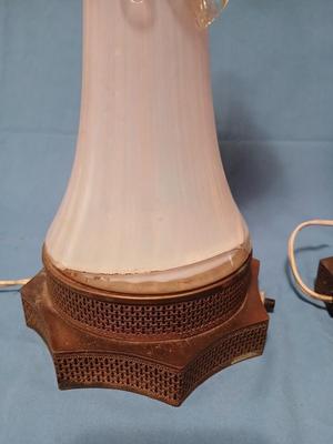 Sale Photo Thumbnail #107: Body of Pink & white opalescent striated ombre effect w/clear pale chartreuse floral vine applied. Bronze metal mounts. Base 6", 13 3/4" high, 27" high incl. shades. One in great condition, the other with crack at base, needing better repair. Shades inclu