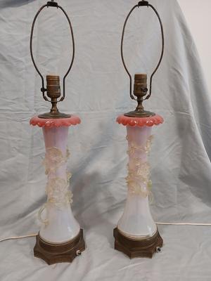 Sale Photo Thumbnail #123: Body of Pink & white opalescent striated ombre effect w/clear pale chartreuse floral vine applied. Bronze metal mounts. Base 6", 13 3/4" high, 27" high incl. shades. One in great condition, the other with crack at base, needing better repair. Shades inclu