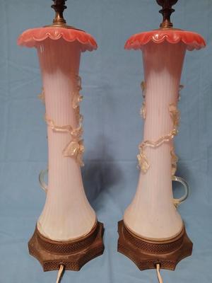 Sale Photo Thumbnail #105: Body of Pink & white opalescent striated ombre effect w/clear pale chartreuse floral vine applied. Bronze metal mounts. Base 6", 13 3/4" high, 27" high incl. shades. One in great condition, the other with crack at base, needing better repair. Shades inclu