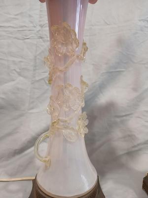 Sale Photo Thumbnail #124: Body of Pink & white opalescent striated ombre effect w/clear pale chartreuse floral vine applied. Bronze metal mounts. Base 6", 13 3/4" high, 27" high incl. shades. One in great condition, the other with crack at base, needing better repair. Shades inclu