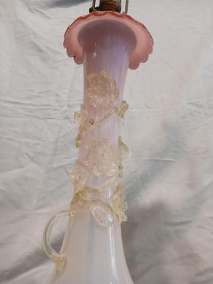 Sale Photo Thumbnail #127: Body of Pink & white opalescent striated ombre effect w/clear pale chartreuse floral vine applied. Bronze metal mounts. Base 6", 13 3/4" high, 27" high incl. shades. One in great condition, the other with crack at base, needing better repair. Shades inclu