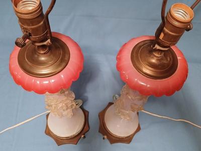 Sale Photo Thumbnail #113: Body of Pink & white opalescent striated ombre effect w/clear pale chartreuse floral vine applied. Bronze metal mounts. Base 6", 13 3/4" high, 27" high incl. shades. One in great condition, the other with crack at base, needing better repair. Shades inclu