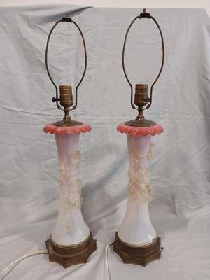 Sale Photo Thumbnail #118: Body of Pink & white opalescent striated ombre effect w/clear pale chartreuse floral vine applied. Bronze metal mounts. Base 6", 13 3/4" high, 27" high incl. shades. One in great condition, the other with crack at base, needing better repair. Shades inclu
