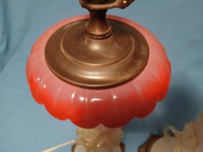 Sale Photo Thumbnail #115: Body of Pink & white opalescent striated ombre effect w/clear pale chartreuse floral vine applied. Bronze metal mounts. Base 6", 13 3/4" high, 27" high incl. shades. One in great condition, the other with crack at base, needing better repair. Shades inclu